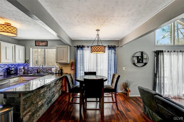 dining room featuring a healthy amount of sunlight, dark hardwood / wood-style floors, sink, and a textured ceiling