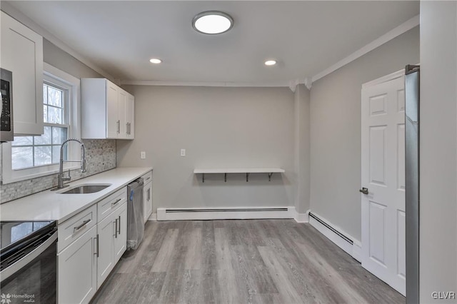 kitchen featuring sink, white cabinetry, stainless steel dishwasher, and a baseboard heating unit