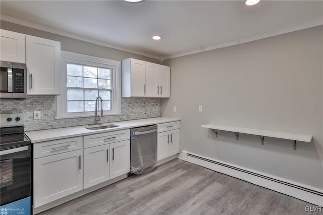 kitchen with tasteful backsplash, sink, white cabinetry, appliances with stainless steel finishes, and baseboard heating