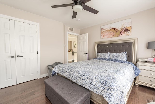 bedroom with ceiling fan, a closet, and dark hardwood / wood-style floors