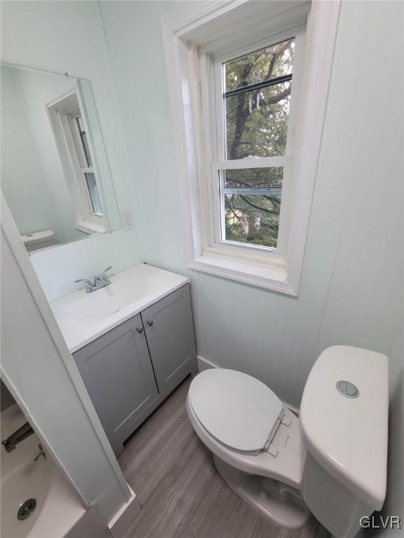 bathroom featuring toilet, vanity, and hardwood / wood-style flooring