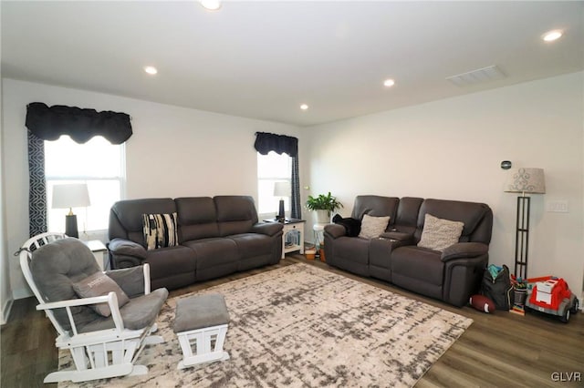 living room with dark hardwood / wood-style floors