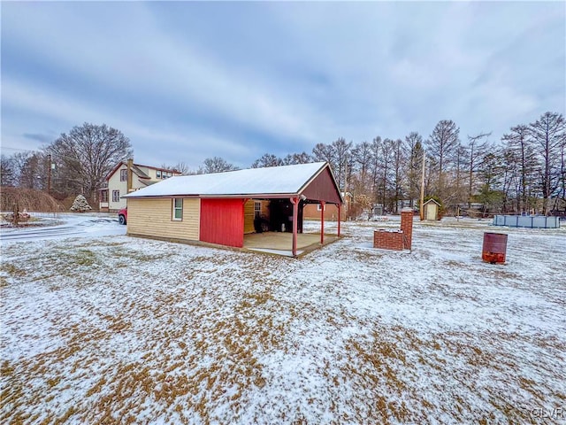 exterior space with a shed