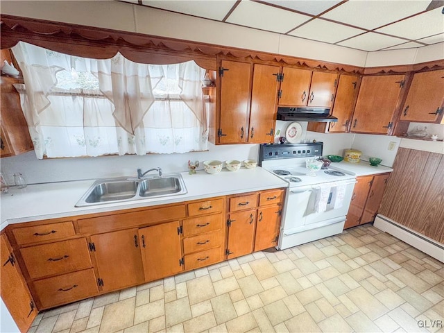 kitchen with white electric range oven, a baseboard radiator, and sink