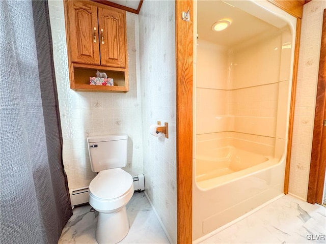 bathroom featuring toilet, tile walls, a baseboard heating unit, and curtained shower