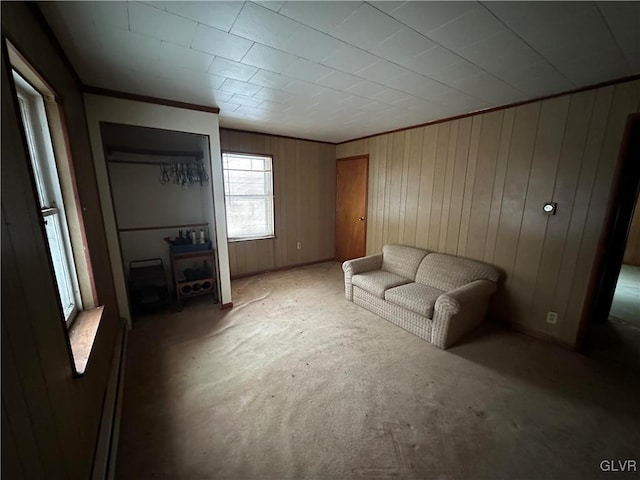 living room with ornamental molding and wood walls