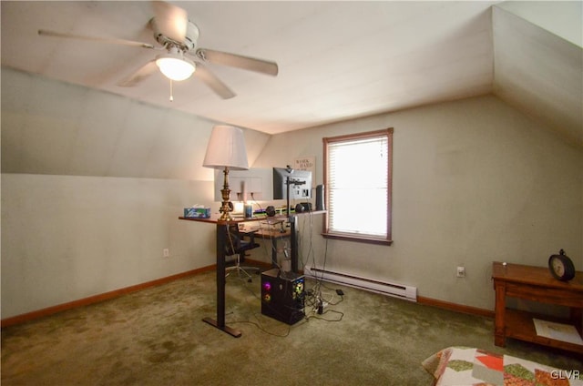 office area featuring vaulted ceiling, baseboard heating, carpet floors, and ceiling fan