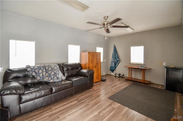 living room with ceiling fan and light hardwood / wood-style flooring