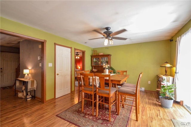 dining room with ceiling fan and light hardwood / wood-style flooring