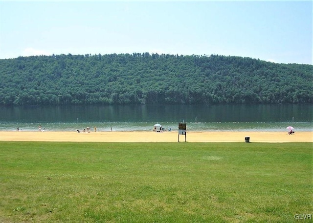 view of property's community featuring a yard and a water view