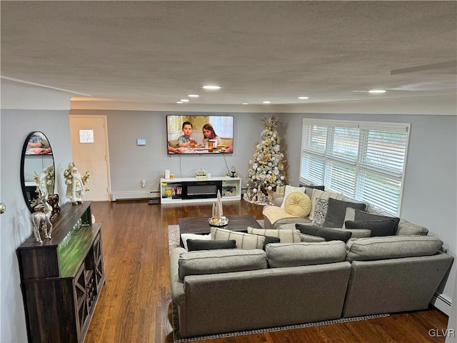 living room featuring baseboard heating and dark hardwood / wood-style floors