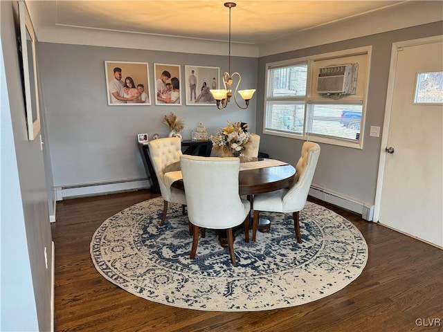 dining space featuring a chandelier, dark hardwood / wood-style floors, and a baseboard radiator