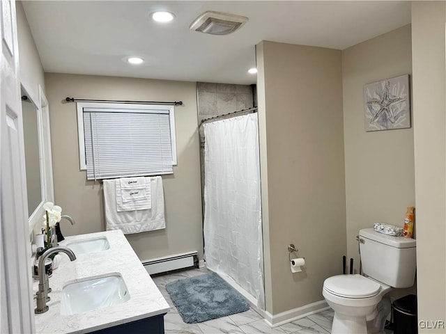 bathroom with toilet, baseboard heating, a shower with curtain, and vanity