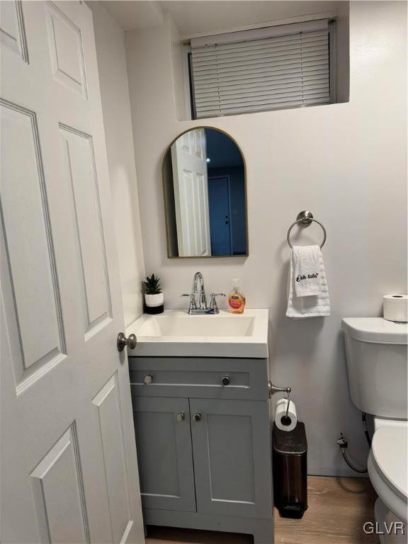 bathroom featuring toilet, wood-type flooring, and vanity