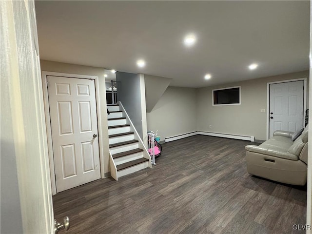 basement with dark wood-type flooring