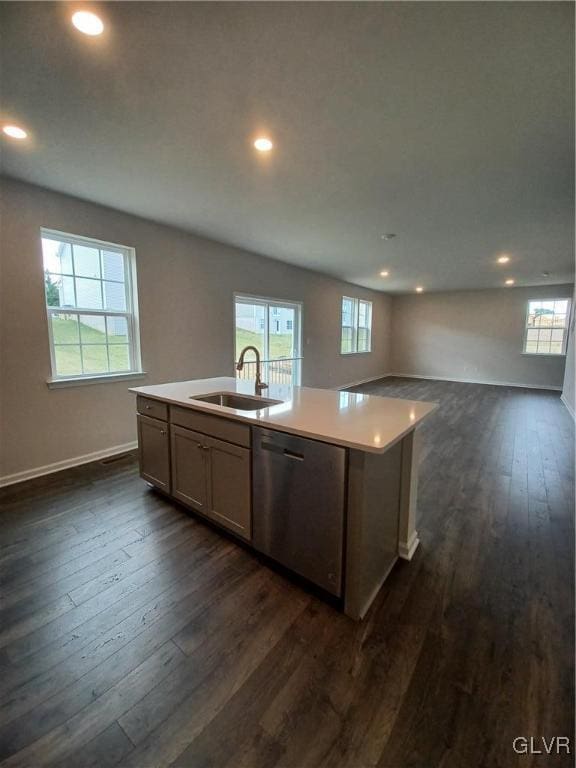 kitchen featuring dark hardwood / wood-style floors, sink, stainless steel dishwasher, and a center island with sink