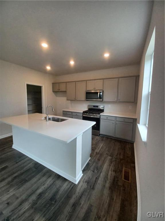 kitchen with gray cabinets, an island with sink, appliances with stainless steel finishes, dark hardwood / wood-style floors, and sink