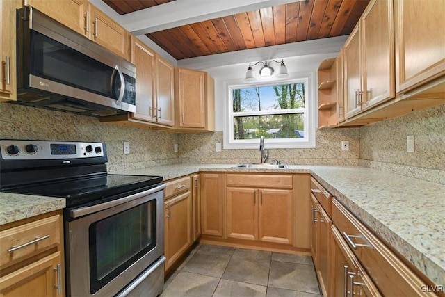 kitchen featuring light tile patterned flooring, appliances with stainless steel finishes, decorative backsplash, and sink