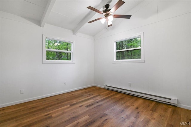 spare room with ceiling fan, vaulted ceiling with beams, a baseboard heating unit, and dark wood-type flooring