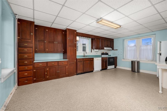 kitchen with a drop ceiling, range with electric cooktop, sink, and white dishwasher