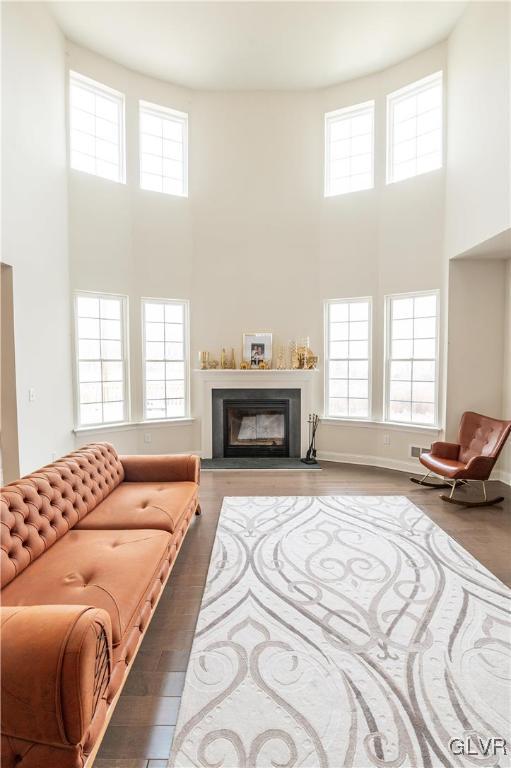 living room featuring dark hardwood / wood-style flooring and a towering ceiling