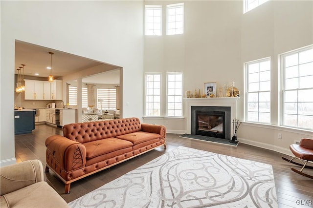 living room featuring a wealth of natural light, dark hardwood / wood-style flooring, and a high ceiling