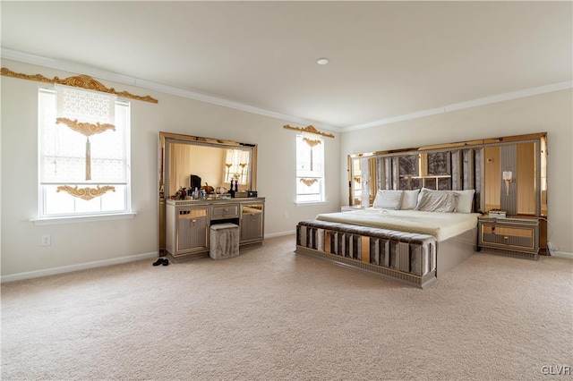 bedroom with light colored carpet and crown molding