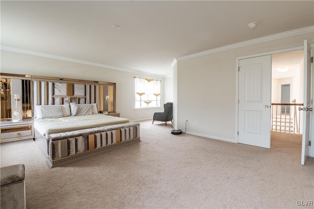 carpeted bedroom with ornamental molding