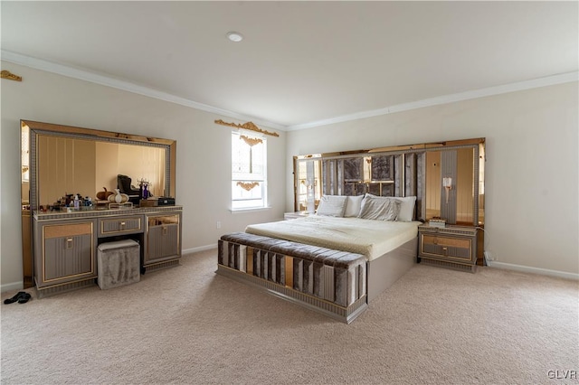 bedroom featuring light colored carpet and ornamental molding