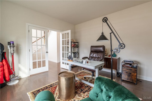 office area featuring french doors and hardwood / wood-style floors