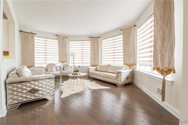 living room featuring dark wood-type flooring and a wealth of natural light