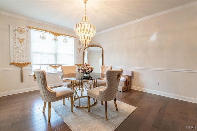 dining room with a chandelier, ornamental molding, and dark hardwood / wood-style floors