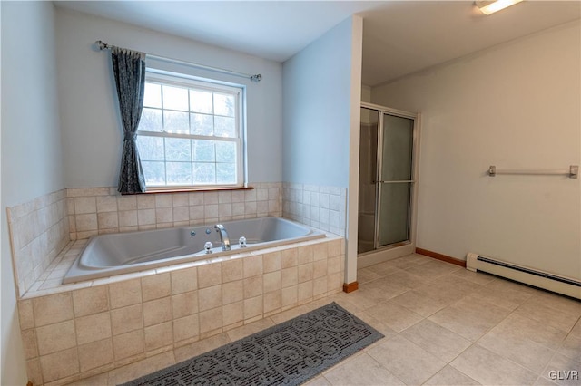 bathroom featuring independent shower and bath and tile patterned flooring