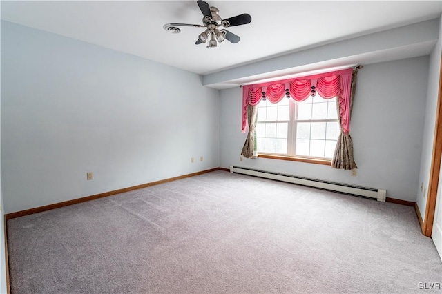 carpeted empty room featuring ceiling fan and baseboard heating