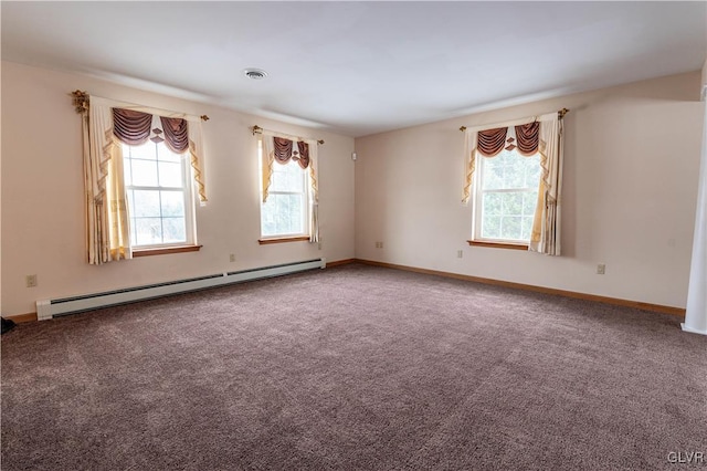 carpeted spare room featuring a baseboard radiator