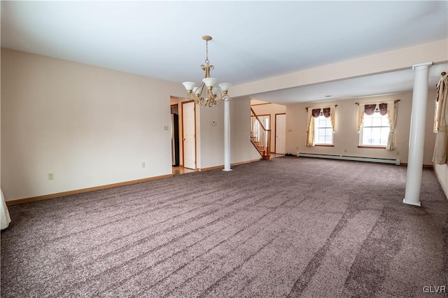 unfurnished living room with a baseboard heating unit, decorative columns, an inviting chandelier, and carpet flooring