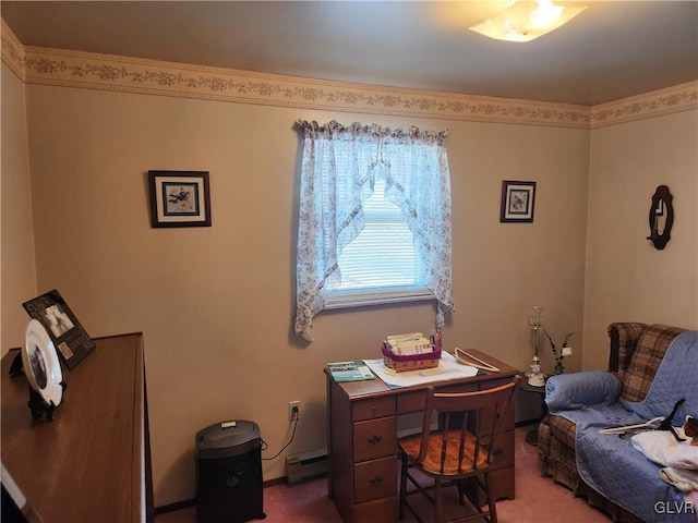 carpeted home office featuring baseboard heating