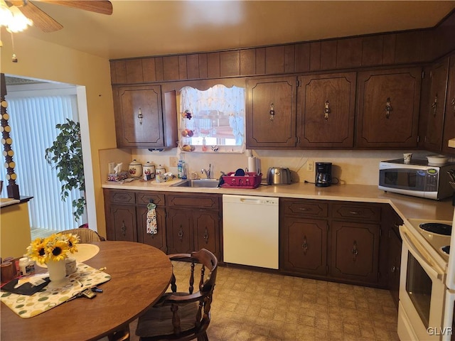 kitchen with ceiling fan, dark brown cabinets, sink, and white appliances