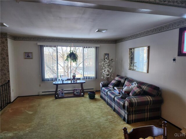 carpeted living room featuring a baseboard radiator