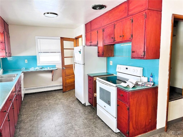 kitchen featuring a baseboard heating unit, white electric range, and sink