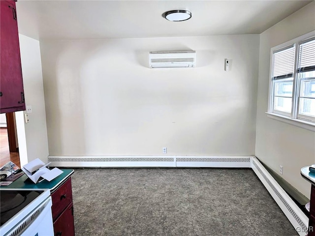 interior space with a wall mounted air conditioner and a baseboard radiator