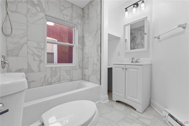 full bathroom with toilet, vanity, tiled shower / bath combo, and a baseboard radiator