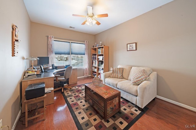 office featuring ceiling fan and dark hardwood / wood-style flooring