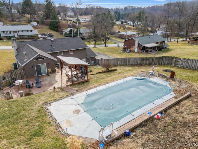 view of pool with a fenced in pool, a patio, a gazebo, a residential view, and a fenced backyard