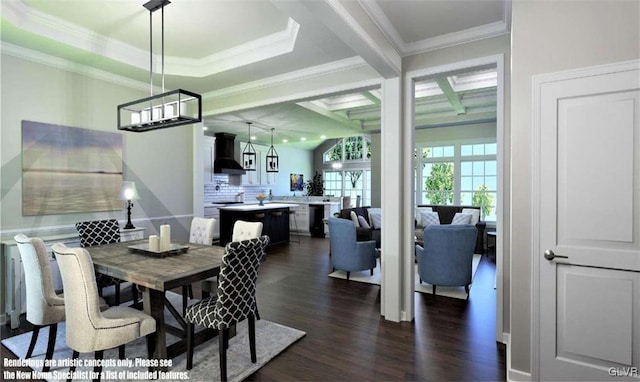 dining space with ornamental molding and dark wood-type flooring