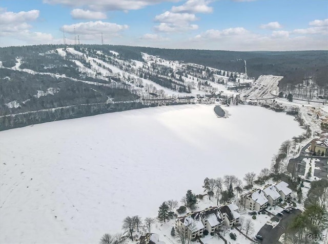 snowy aerial view with a mountain view