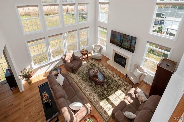 living room featuring hardwood / wood-style flooring and a towering ceiling