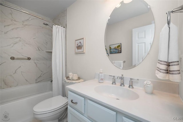 full bathroom with toilet, vanity, and shower / tub combo with curtain