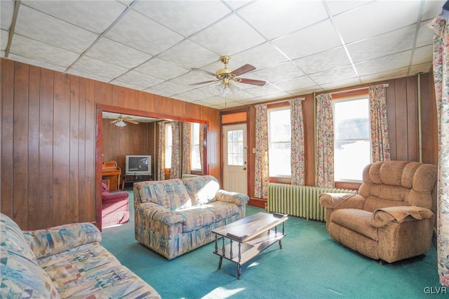 carpeted living room with ceiling fan, wood walls, and radiator