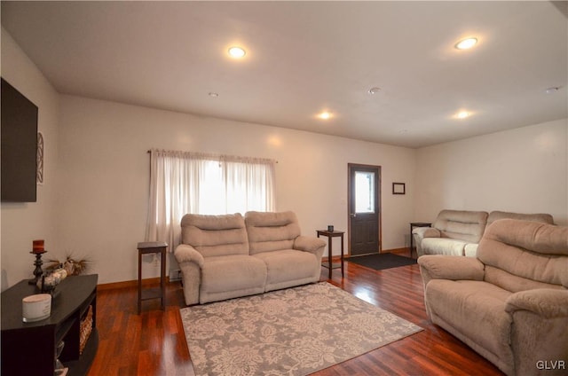 living room with dark hardwood / wood-style flooring